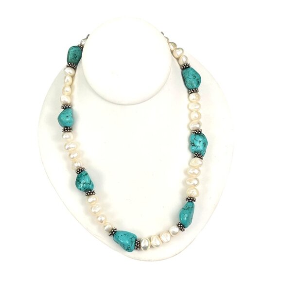 Turquoise & Freshwater Pearl Beaded Necklace With Sterling Silver Clasp - Picture 1 of 8